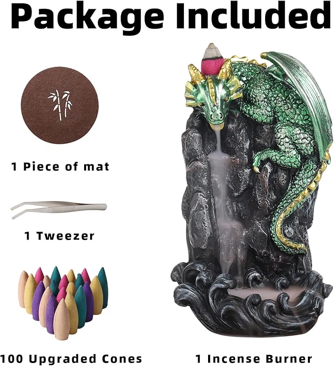 Dragon Backflow Incense Holder Waterfall Incense Burner, with 100 Backflow Incense Cones,1 Mat,1 Tweezers，Aromatherapy Ornamental for Home Office Yoga （Green Dragon） - Bloomnest