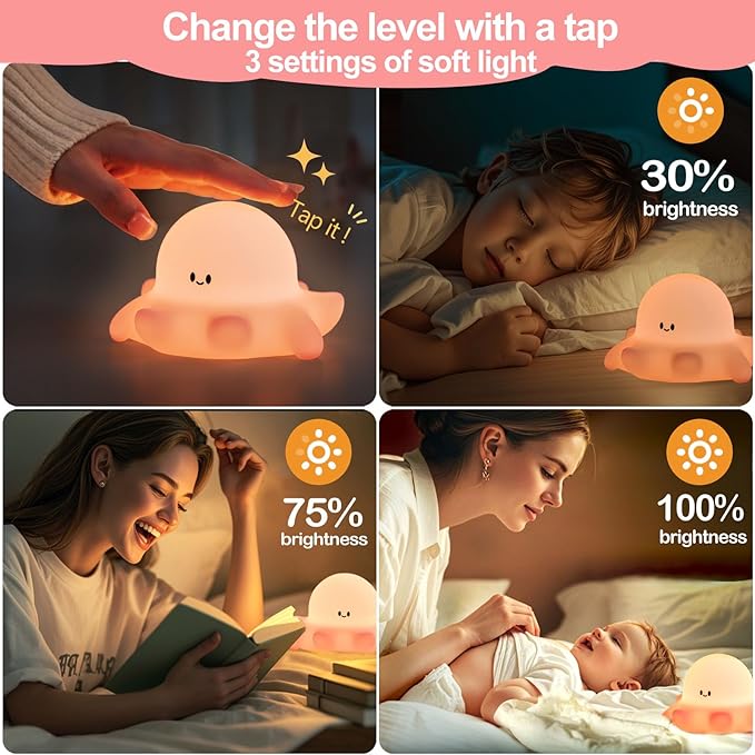 Kibbidea Touch Control Silicone Night Light for Kids, Rechargeable Octopus Nightlight with Timer, Eye Protection, Portable USB Baby Nightl lamp for Nursery, Bedroom - Bloomnest