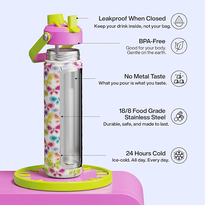 ENCOOL Insulated Water Bottle with Straw Stainless Steel Water Bottle, Leak-Proof, BPA-Free, Double Wall Vacuum Keeps Cold for 24 Hours for Sports, Travel, School (26 oz, Rainbow Butterfly) ENCOOL