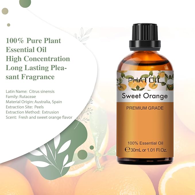 PHATOIL 30ML Sweet Orange Essential Oil, for Aromatherapy Diffusers, Humidifiers, Great for DIY Candle and Soap Making PHATOIL
