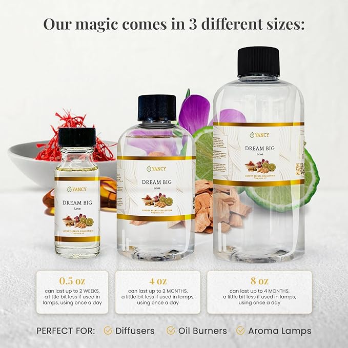 YANCY Dream Big Luxury Collection Fragrance Oil (4 oz), Sweet Fruity Scent, Inspiring Aroma for Diffusers, Oil Burners & Aroma Lamps, Boosts Motivation and Enhances Workspace Energy YancySpa