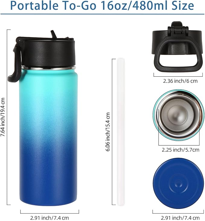 Volhoply 16 OZ Kids Water Bottle Bulk 2 Pack,Insulated Sports Bottles with Straw Lid,Stainless Steel Bottle with Handle Keep Cold & Hot,Double Wall Vacuum Tumbler Cups for School(Green Blue, 2) - Bloomnest