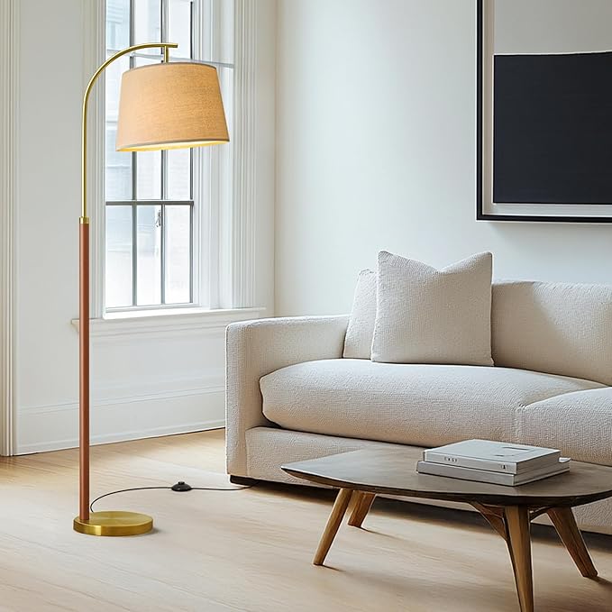 62.5" Gold Floor Lamp for Living Room Dimmable Standing Lamp with Remote & Foot Switch, 3 Color Temperatures Arc Tall Lamp Wood Mid Century Modern Floor Lamps for Bedroom Office, 9W Bulb Included - Bloomnest