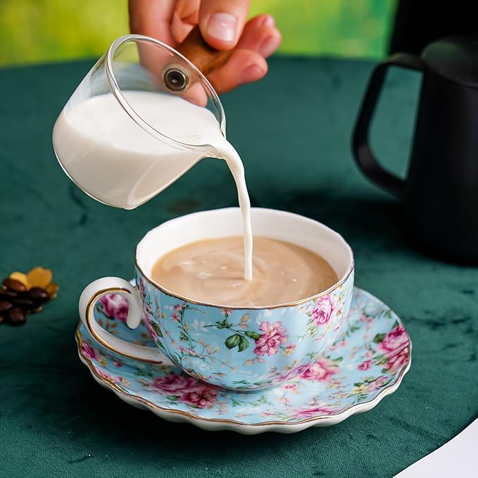 Tea Cup and Saucers, 6.4oz Floral Tea Cups with Gold Trim, Porcelain Teacup, Coffee Cappuccino Espresso Latte Mugs for Party Birthday,Party Cafe Home, Christmas Gift (Blue) - Bloomnest