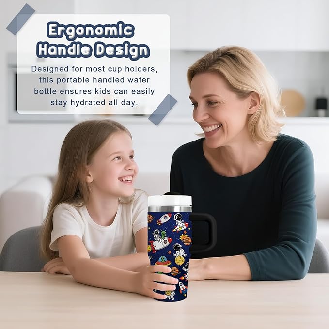 Space Themed Gifts for Boys - 14oz Kids Astronaut Tumbler with Handle and Straw, Stainless Steel Insulated Water Cup, for Sports, School - Space Themed Children's Birthday Gift Cup (1pc) - Bloomnest