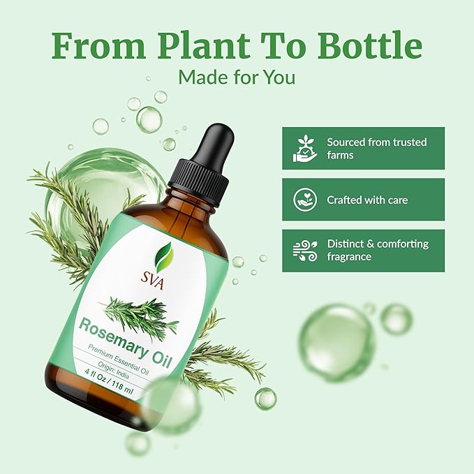 SVA Rosemary Essential Oil – 4 Fl Oz – 100% Natural Rosemary Oil for Hair, Face, Skin Care, Diffuser, Aromatherapy, Scalp, Body Massage, Soap and Candle Making – with Dropper - Bloomnest