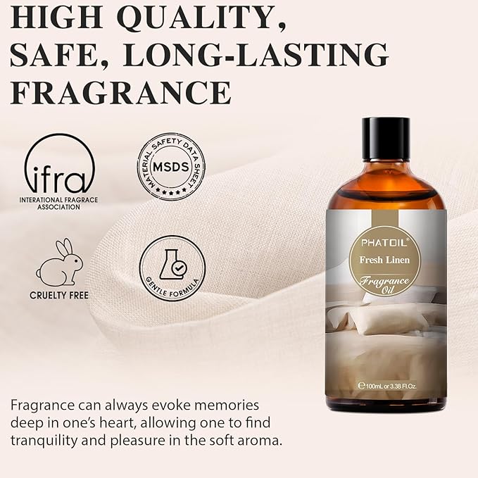 100ML/3.38fl.oz Fresh Linen Fragrance Oils, PHATOIL Fresh Linen Oil for Diffuser, Humidifier, Scented Oils for DIY Soap, Candle Making with Premium Glass Dropper PHATOIL