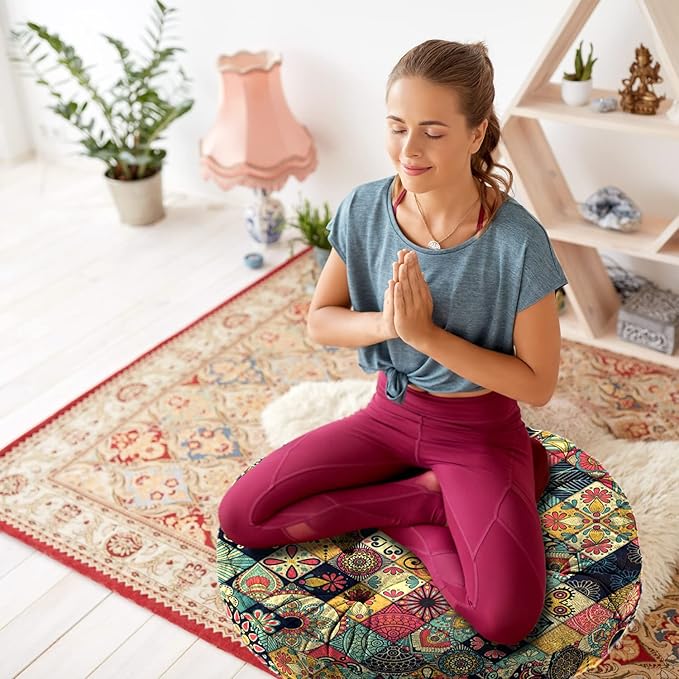 Mandala Meditation Cushion, Boho Meditation Mat, Meditation Pillows for Sitting on Floor, Cushions for Sitting in Home and Outdoor, Round Floor Pillows Cushion Seating for Yoga 22'' X 22'' - Bloomnest