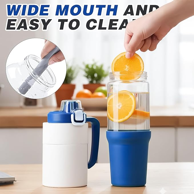 32 oz Glass Tumbler with Handle, 2-in-1 Straw and Sip Spout, Leakproof, BPA-Free Glass Water Bottle for Sports, Office, School, DBlue - Bloomnest