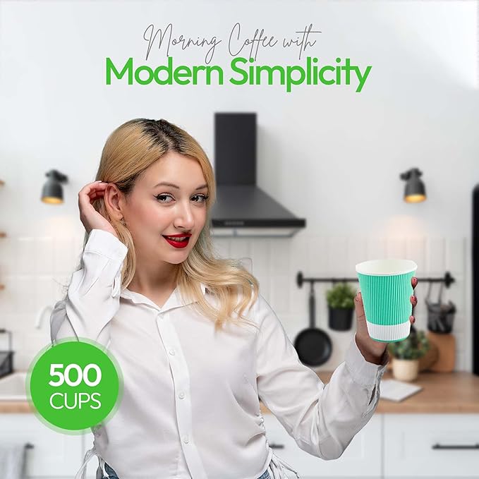 Restaurantware 12 Ounce Ripple Wall Disposable Coffee Cups, 500 Insulated Midnight Light Green Paper Tumblers with Rolled Rim Design, Lids Sold Separately for Hot Drinks like Tea, Hot Chocolate - Bloomnest