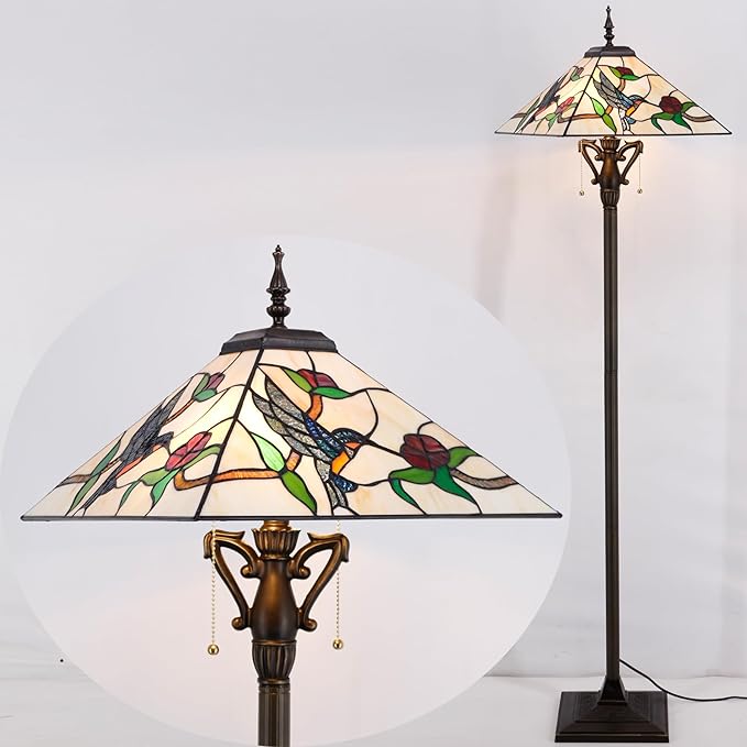 Tiffany Floor Lamp Amber Hummingbird Mission Style Stained Glass Standing Reading Light 16X16X64 Inch - Bloomnest