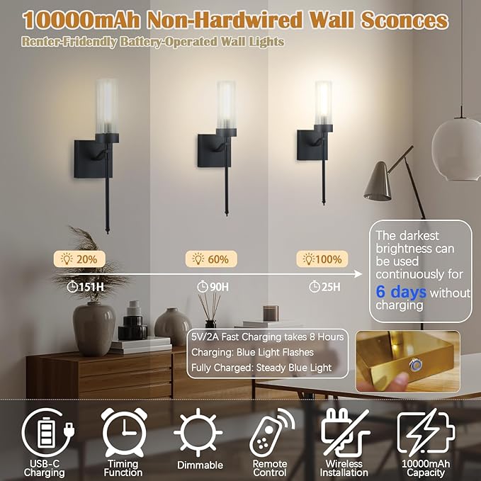 Battery Operated Wall Sconce Set of Two with Remote, Black Rechargeable Wireless Wall Lights, Sconces Wall Decor Set of 2 Dimmable 2700K Battery Powered Sconce for Bathroom Living Room Hallway - Bloomnest