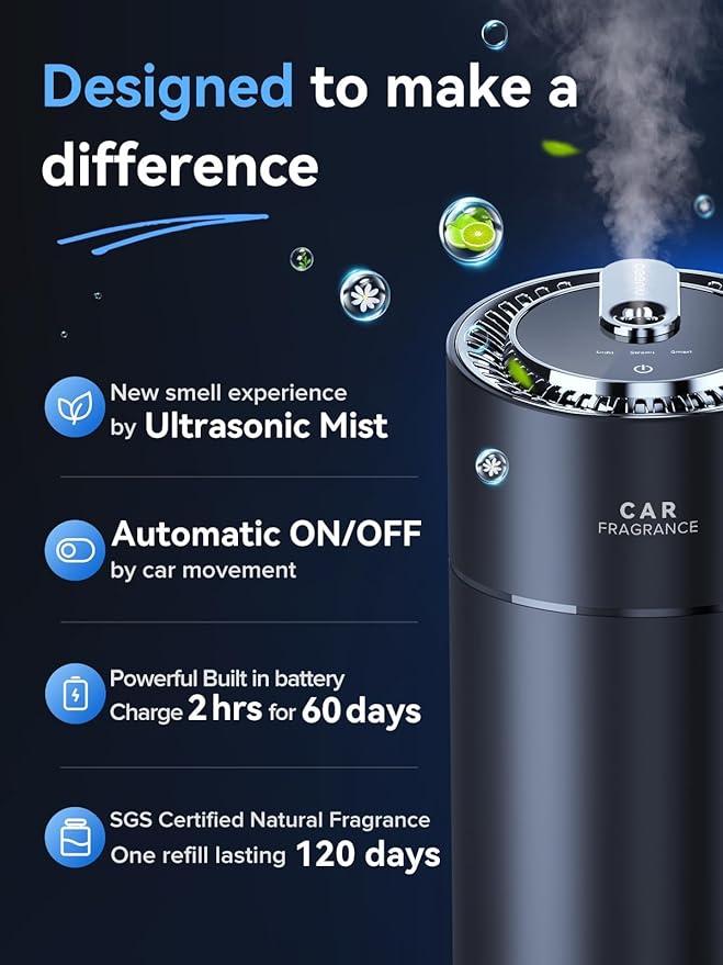 Ceeniu Smart Car Air Fresheners, New Smell Experience by Ultrasonic Mist, Auto On/Off, Powerful Built-in Battery, Natural Fragrance, Adjustable Car freshener, Cologne Scent - Bloomnest