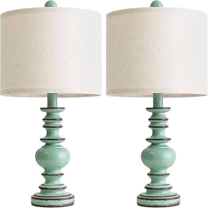 BOBOMOMO 20" Distressed Teal Bedside Lamps Set of 2, Hand-Painted Vintage Resin Lamps with Linen Shades, Cottage Farmhouse Lamp for Living Room, Bedroom, and Hallway, Space-Saving Accent Lamps - Bloomnest