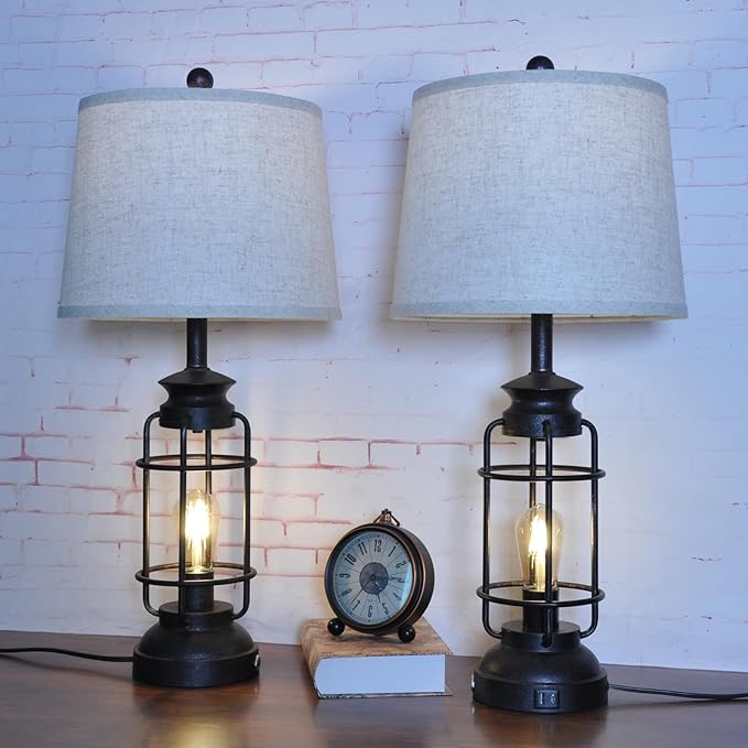 Table Lamps Set of 2 with USB Port 3 Way Dimmable Touch Lamps 28.5" Tall Rustic Industrial Living Room Lamps for Bedroom Bedside Office 4 Bulbs Included - Bloomnest