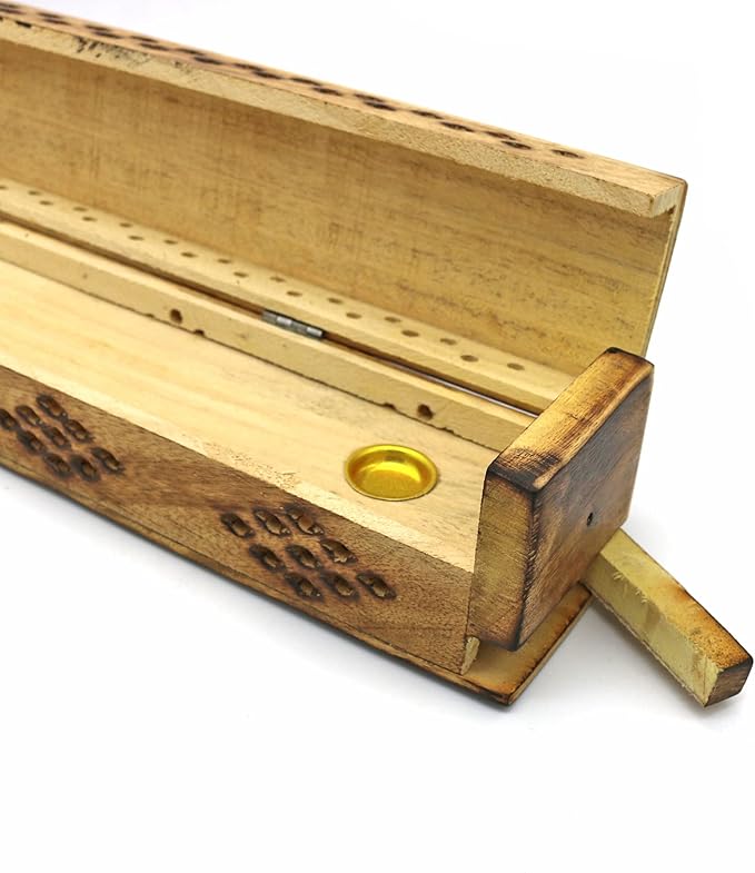 SOUL STICKS Handmade Carved Incense Burner Wooden Coffin Box with Storage Includes Go Away Evil Incense Sticks (Game Over) - Bloomnest