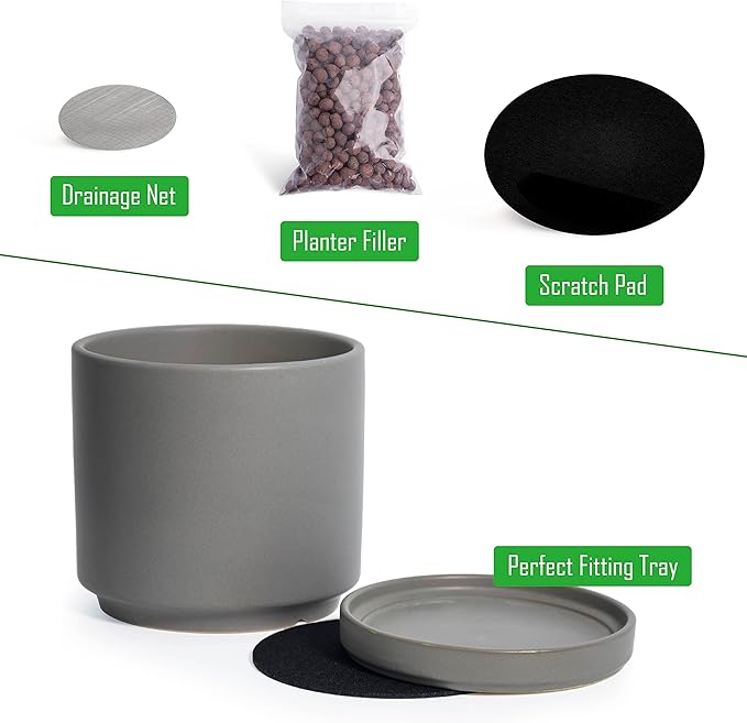 Set of 2 Plants Pots, 8 Inch Ceramic Planter Pot for Plants with Drainage Hole and Saucer, Speckled Grey, 94-V-D-3 - Bloomnest