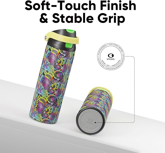 ENCOOL Leakproof Insulated Water Bottle with Straw Dual-Sip Water Bottle Bag-Safe Design for Work, Commute & Gym – Keeps Drinks Cold All Day, 24 oz, Neon Conch ENCOOL
