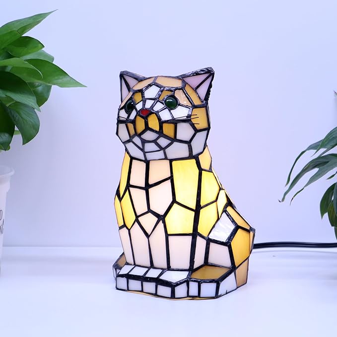Tiffany Cat Lamp Yellow and White Stained Glass Animal Table Lamp Accent Lamp - Bloomnest