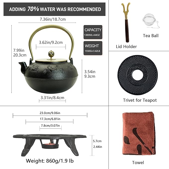 44oz Cast Iron Teapot Set with Tea Light Warmer, Durable Japanese Tetsubin Teapot for Stovetop, Asian Tea Kettle for Adults, Elegant Durable Tea Gift Set (1300ml) - Bloomnest