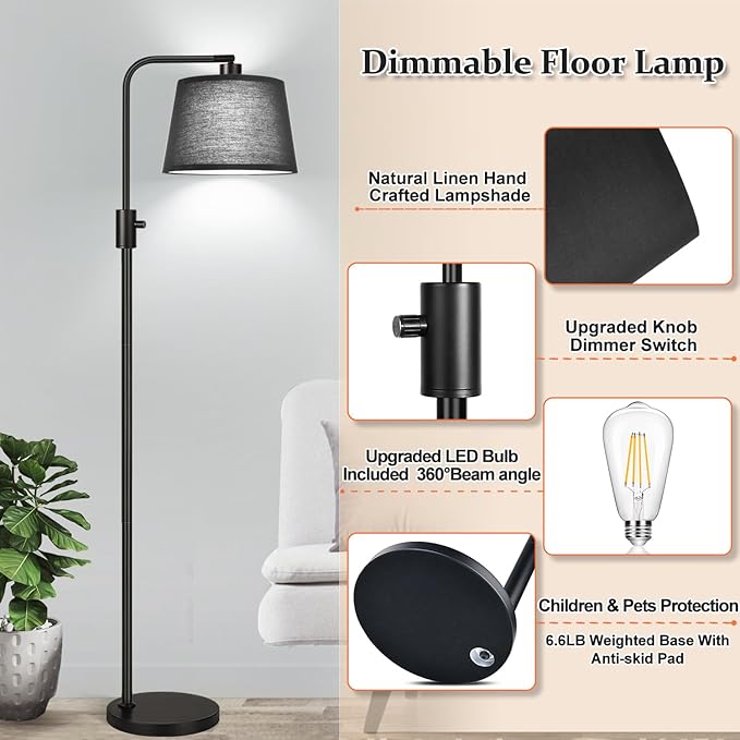 Nintiue [Upgraded] Dimmable Floor Lamp, 1000 Lumens LED Edison Bulb Included, Black Shade, Modern Arc Standing Tall Floor Lamp for Living Room Bedroom Office Dining Room - Bloomnest