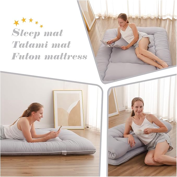 Japanese Floor Mattress, Futon Mattress with Storage Bag and Washable Cover, Roll Up Tatami Mat Suitable for Guest Room, Grey, Queen - Bloomnest