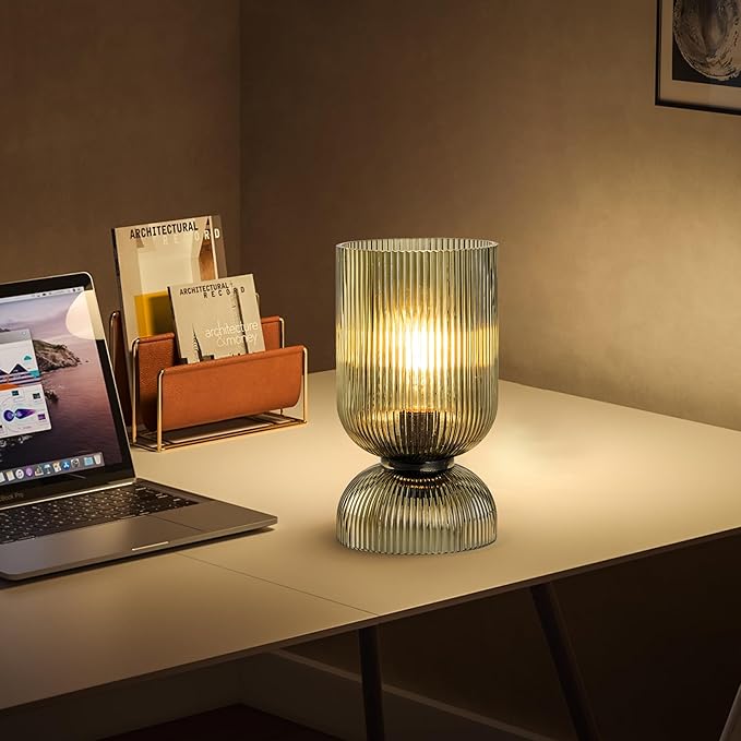 Modern Table Lamp,Glass Mid Century Lamp with Green Glass Shade, Bedside Lamp with On/Off Switch, Minimalist Nightstand Lamp for Bedroom, Living Room, Office (Bulb not Included) - Bloomnest