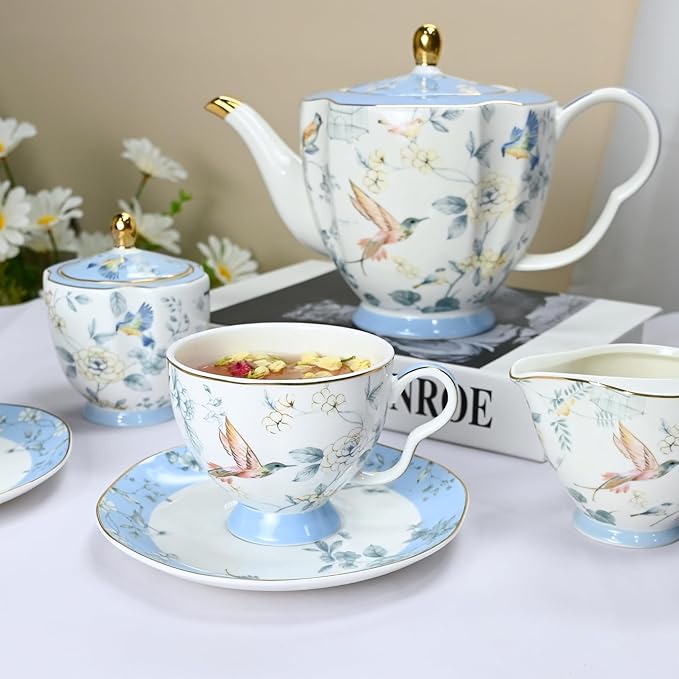 Bone China Tea Set, Porcelain Tea Sets for Adults, Blue and White Bone China Tea Cup Set for 6, Vintage Tea Sets for Women Tea Party - Bloomnest