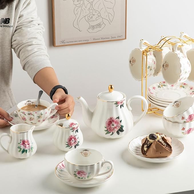 Porcelain Tea Sets British Royal Series, 8 OZ Cups & Saucer Service for 6, with Teapot Sugar Bowl Cream Pitcher Teaspoons and Tea Strainer, Suitable for High Tea, Wedding, Party (Midsummer Rose) - Bloomnest