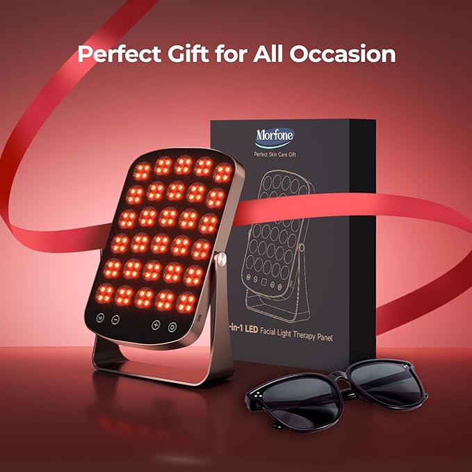 Red Light Therapy Panel, 460/590/660/850nm 4-Color Light Mode, 120 LEDs Facial Infrared Light Therapy Devices with Lighted Makeup Mirror, Timer, Portable Red Light Therapy for Face, Body, Pain Relief Morfone