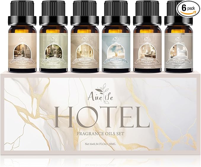 Hotel Essential Oils Set - 6 Premium Scents for Diffuser, Aromatherapy, Home, Spa, Candle Making, Fragrance Oil Set - Hotel Lobby, White Tea Thyme, Good Night, Jasmine Mint, Orange, Luxurious Night - Bloomnest