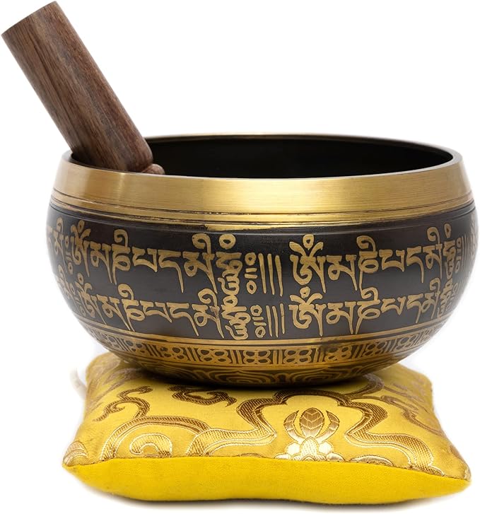 Tibetan Singing Bowl Set - 4" Easy To Play Authentic Handmade For Meditation Sound 7 Chakra Healing By HIMALAYAN BAZAAR (Black/Yellow, 4 Inches) - Bloomnest