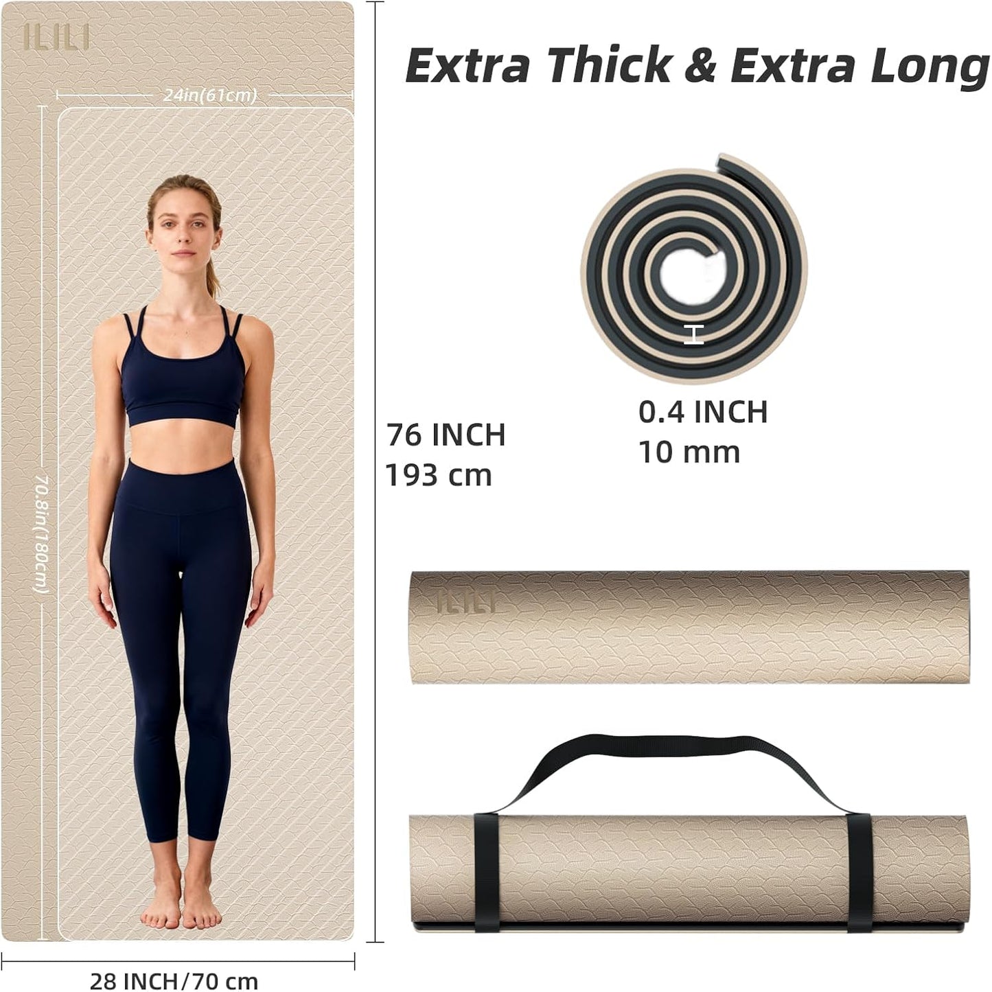 ILILI Yoga Mat 10mm Extra Thick and 193cm Extra Long, 76x28×0.4 Inch, Double Color Non-Slip TPE Material, Easy Carrying with Strap, Ideal for Yoga, Pilates, Floor Exercise, Home and Outdoor Use, Eco Friendly