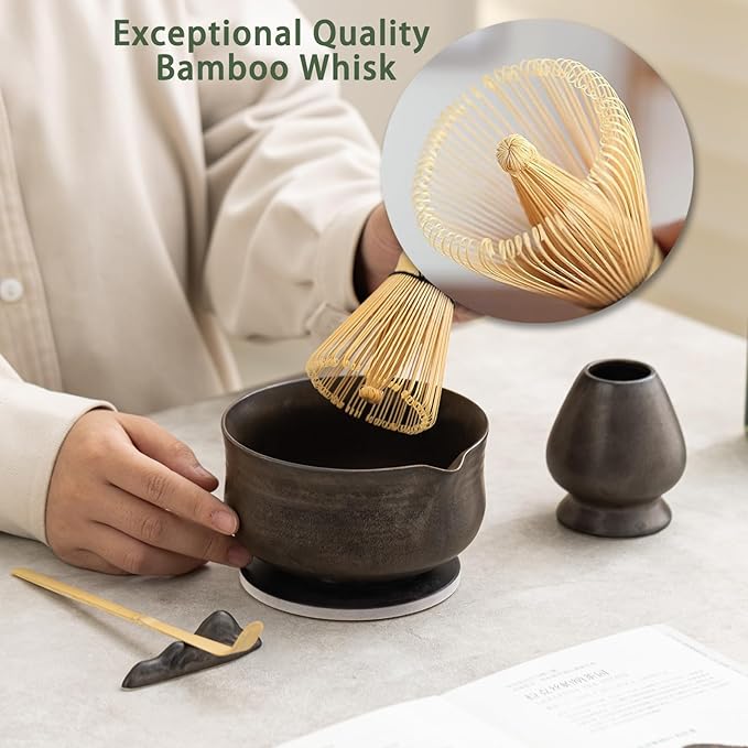 Matcha Whisk Set, Matcha Bowl with Spout and Coaster, Matcha Whisk and Holder, Sifter, Scoop, Spoon, Cleaning Brush - 10 Pcs Complete Ceramic Matcha Kit - Bloomnest