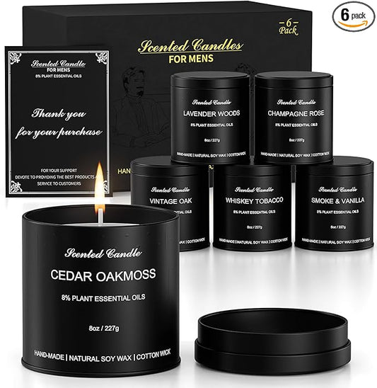 Men Scented Candle Set | Gifts for Men Aromatherapy Candles | 6 Pack Fragrances Black Tin Jar Candles | Scented Candle for Home,Work,Party | Manly Soy Candle Gifts for Boyfriend,Farther and Christmas - Bloomnest