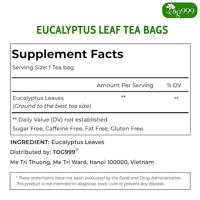 TOG999, Premium 100 Eucalyptus Leaf Tea Bags, 100% Natural & Pure Eucalyptus Leaves. Loose Leaf Eucalyptus Herbal Tea. Eucalyptus Leaf Tea. No Sugar, No Caffeine, No Gluten, Vegan. - Bloomnest