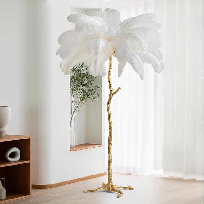MAYOLA Luxury Resin Ostrich Feather Lamp, 35 Pieces Real Ostrich Feathers,Floor Lamp,for Living Room, Bedroom and Office 67” Tall Feather Lamp(White, Floor Lamp) - Bloomnest