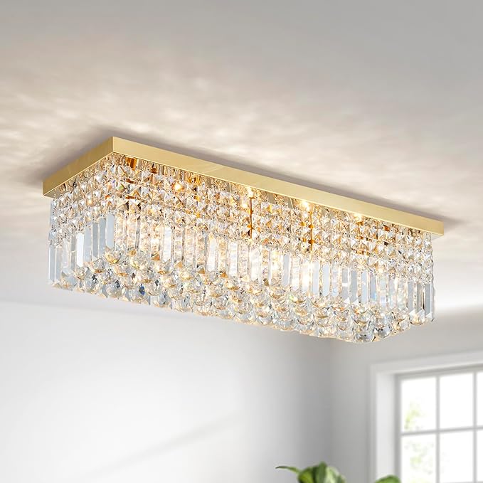 Saint Mossi 5-Lights Modern K9 Crystal Chandelier Light Fixture, Flush Mount Chandelier for Dinning Room, H9 x W10 x L31, Clear Crystal & Gold Finish - Bloomnest