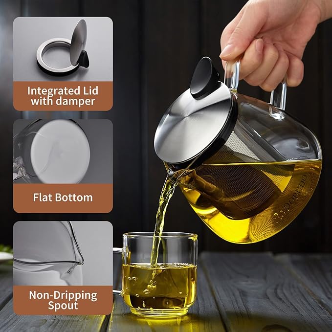 Glass Teapot Tea Pot with Removable Stainless Steel Infuser, 25oz / 760ml Borosilicate Glass Tea Kettle for Office Work, Fine Strainer for Loose Leaf Tea - Bloomnest
