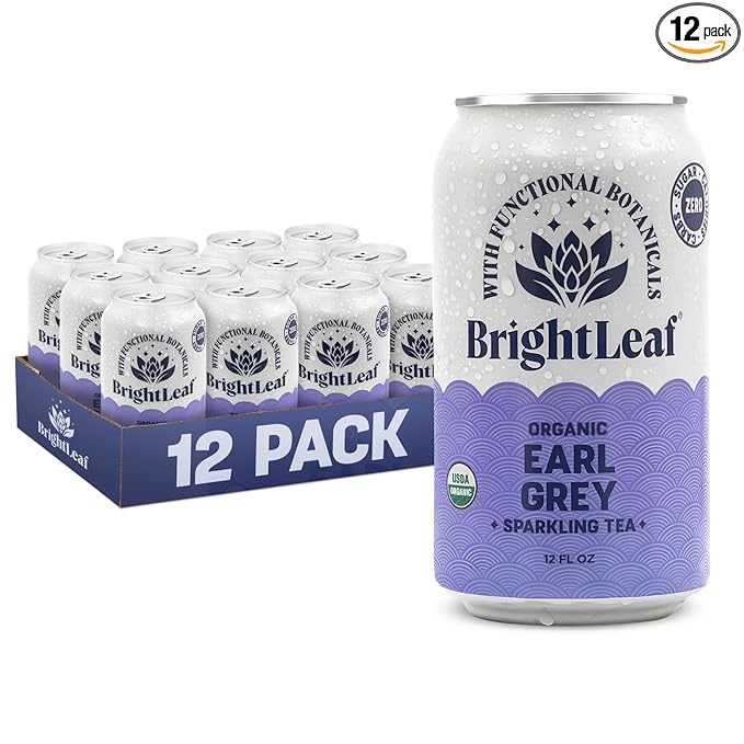 BrightLeaf Regenerative Organic Sparkling Tea, Earl Grey Black, 12 oz Cans (Pack of 12) – Zero Sugar & Zero Calories – Organic Herbal Tea Drink – Mood-boosting ingredients – Craft Brewed Botanical Beverage - Bloomnest