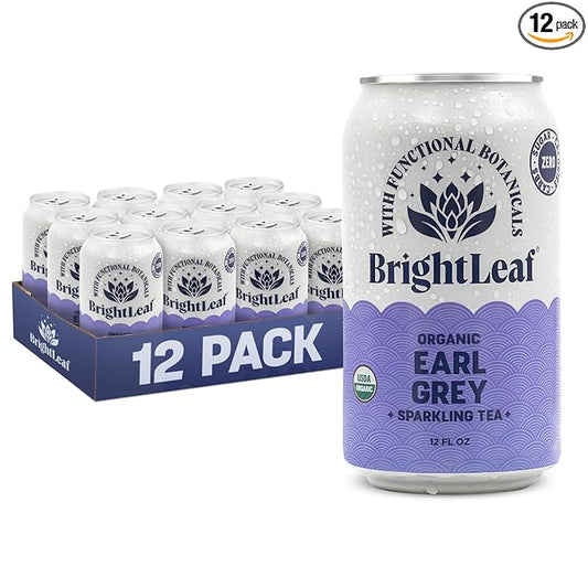 BrightLeaf Regenerative Organic Sparkling Tea, Earl Grey Black, 12 oz Cans (Pack of 12) – Zero Sugar & Zero Calories – Organic Herbal Tea Drink – Mood-boosting ingredients – Craft Brewed Botanical Beverage - Bloomnest