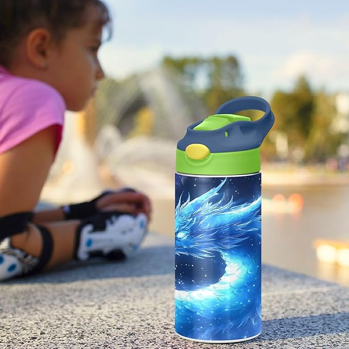 Dragon Blue Galaxy Kids Water Bottle with Straw Lid Insulated Tumbler with Handle Stainless Steel Reusable Toddlers Cup for Kids Boys 12 oz - Bloomnest
