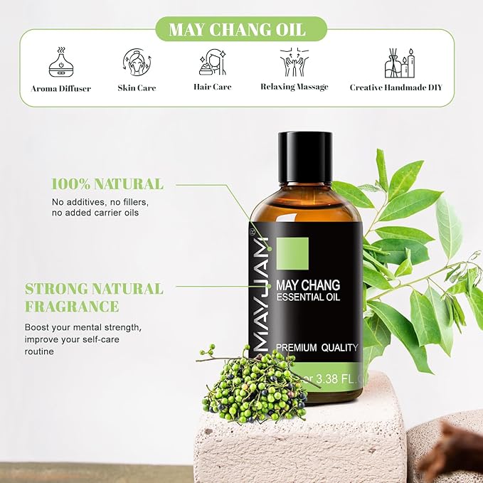 MAYJAM May Chang (Litsea Cubeba) Essential Oils 3.38 FL.OZ Pure May Chang Oil for Massage Skin Care Hair Care Diffuser Candle and Soap Making - 100ml - Bloomnest