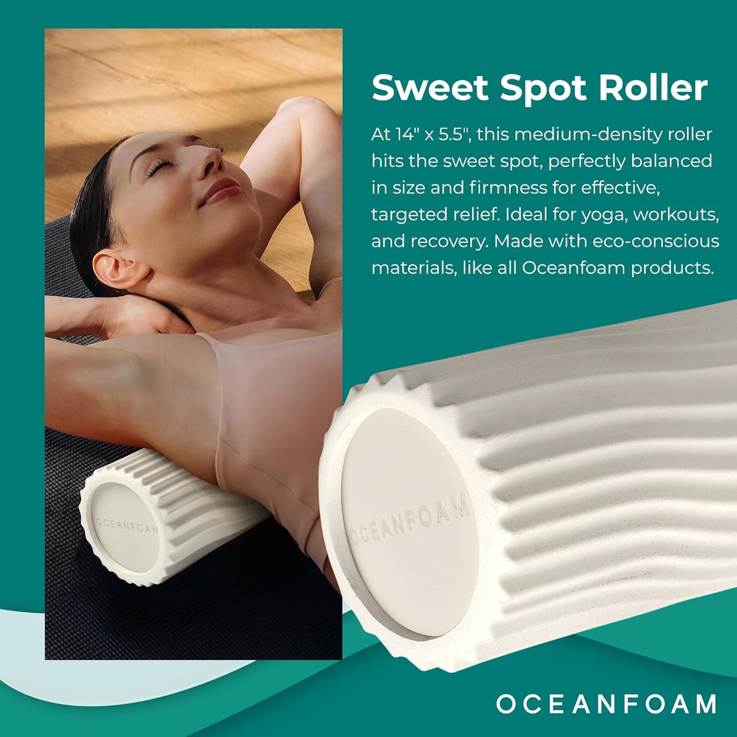 Oceanfoam Sweet Spot Medium Exercise Foam Roller 14"x5.5" – Medium Density Foam Roller for Physical Therapy, Deep Tissue Massage, Yoga, Pilates, Classic Exclusive Wave Texture (Natural)
