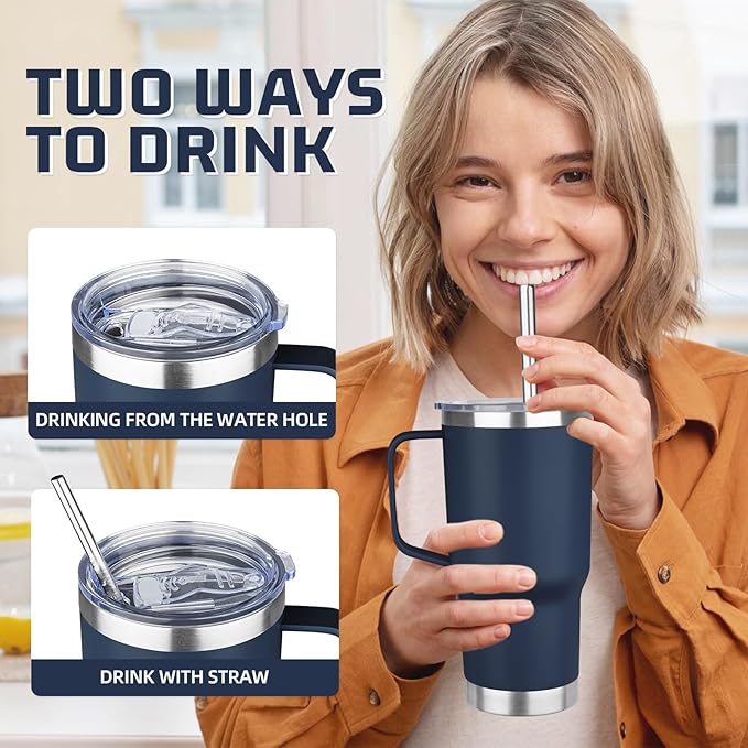 20 oz Tumbler with Handle Stainless Steel Insulated Coffee Mug Tumbler with Lid and Straw Double Wall Vacuum Insulated Coffee Mug Leak Proof Travel Mug Tumbler for Hot and Cold Drink (Navy Blue,4pack)