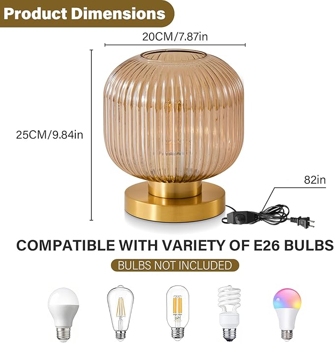 Small Amber Glass Table Lamp: Mid Century Modern Dimmable Nightstand Lamps - Vintage Decor Brass Desk Lamp with Plug - Ribbed Glass Bedside Tables Lamps for Bedroom Living Room Office Bulb Excluded - Bloomnest