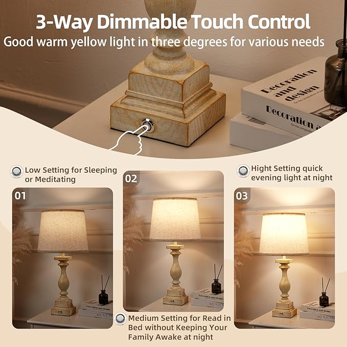 Touch Lamps for Bedroom Set of 2,Bed-Side Table Lamps with 2 USB Ports, Bedroom Lamps with 3-Way Dimmable,23" Tall Table Lamps for Living Room/Night-Stand, Bonus 2 Bulbs - Bloomnest