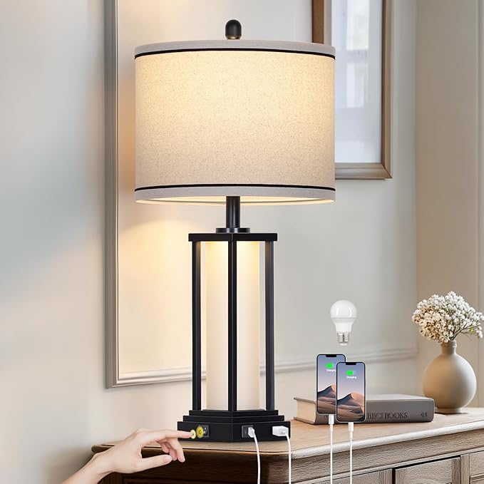27in Tall Farmhouse Table Lamp with USB C+A & Outlet,Black Industrial End Table Lamp for Living Room,Vintage Rustic Bedside Lamp with Night Light for Bedroom Nightstand,Single Black - Bloomnest