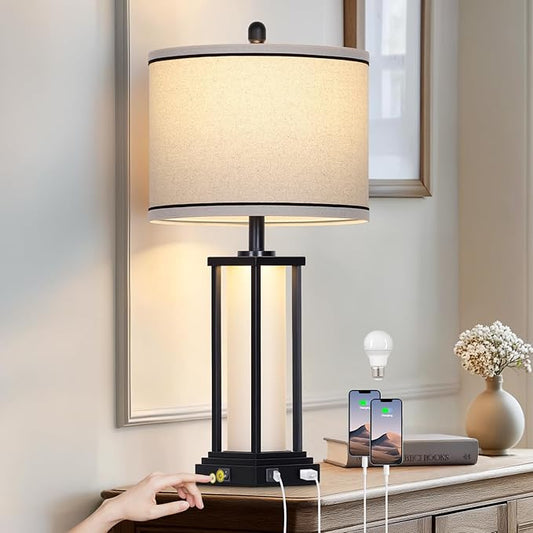 27in Tall Farmhouse Table Lamp with USB C+A & Outlet,Black Industrial End Table Lamp for Living Room,Vintage Rustic Bedside Lamp with Night Light for Bedroom Nightstand,Single Black - Bloomnest