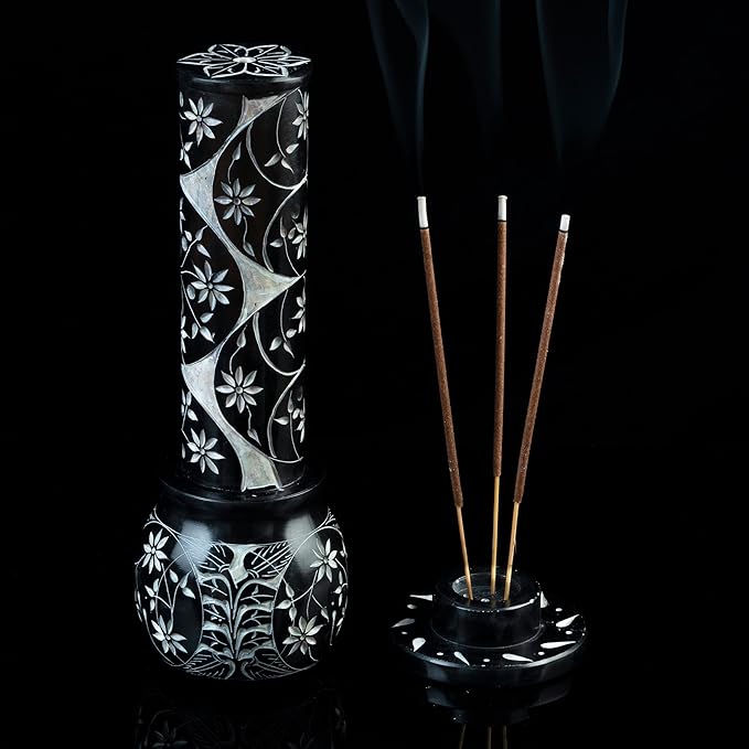 Crocon Black Marble Soapstone Incense Stick Burner Round Shape Flower & Leaf with Handi Design Tower Burner Candle Stick Holder Decorative Home & Kitchen 2.7x2.7x10 Inch